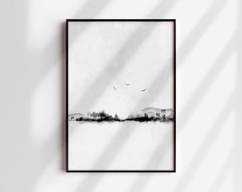 Minimalist Black and White Landscape Watercolor Art (Digital Download)
