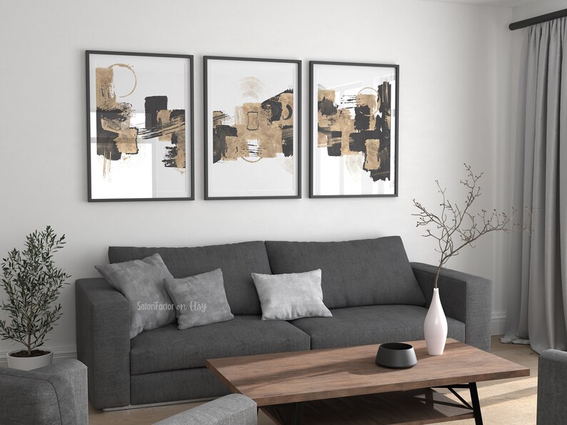 Black Gold Abstract Wall Art Set of 3 Abstract Prints Gold Etsy
