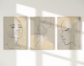 Black Woman Line Art Prints: Modern Abstract Set of 3 (Digital Download)