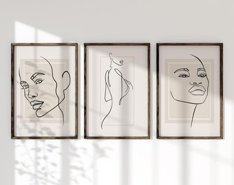 Black Woman Line Art Prints: Modern Abstract Set of 3 (Digital Download)