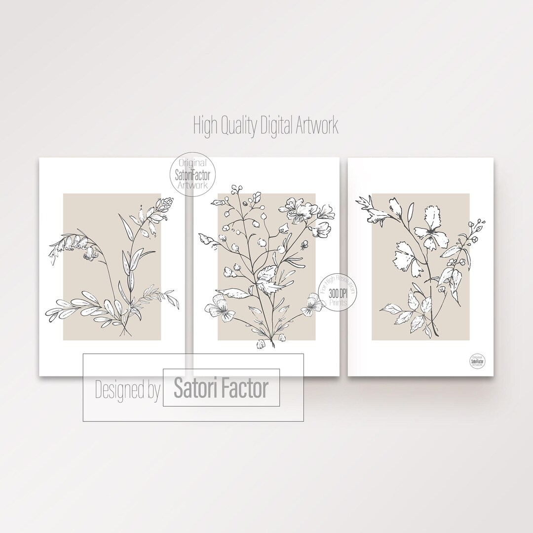 Flower Line Art Set of 3 Prints, Minimal Floral Wall Art, Neutral Wall ...