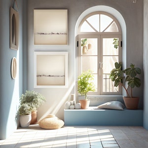 May include: A light blue room with a large arched window, two framed abstract paintings, and a window seat with a white pillow.  There are two potted plants on the window seat and a potted plant on the floor.