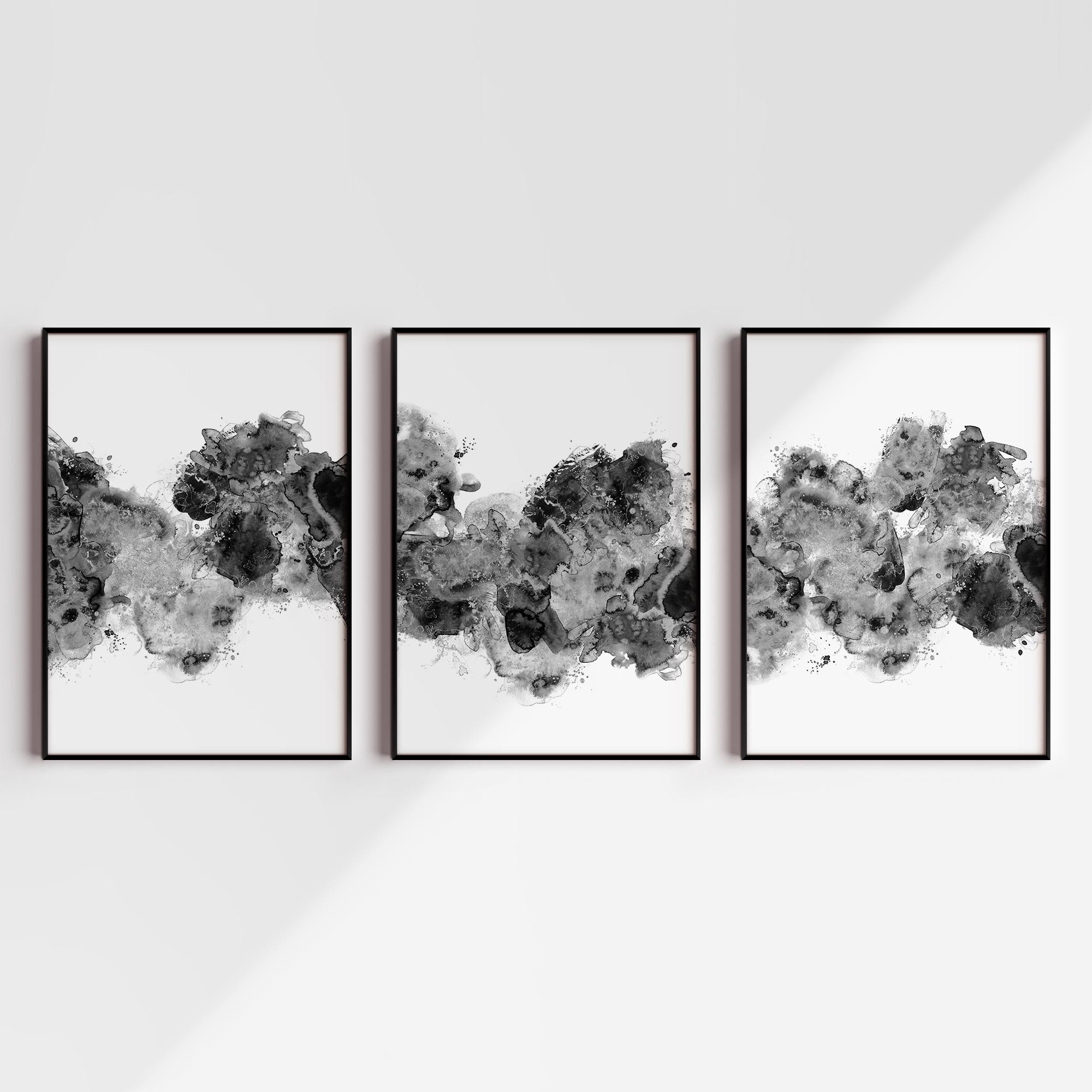 抽象水彩画アートプリント：黒、白、グレーの3枚セット（デジタル 