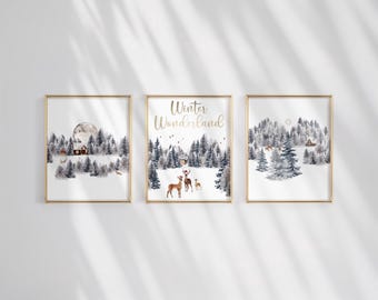 Christmas Wall Art Prints: Winter Wonderland Cabin Holiday Decor Set of 3 (Digital Download)
