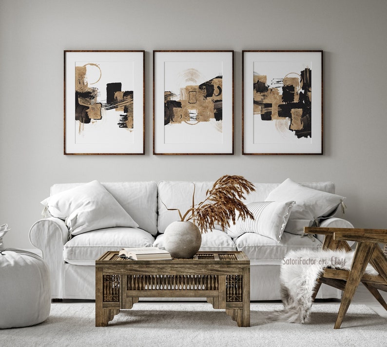 Black Gold Abstract Wall Art Set of 3 Abstract Prints Gold Etsy