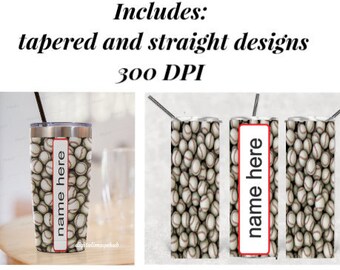 Könnte beinhalten: Eine Reihe von Baseball-Tumbler-Designs. Die Designs umfassen konische und gerade Optionen mit einem Baseballmuster. Jeder Becher hat einen Platz für die Personalisierung mit dem Text "name here".