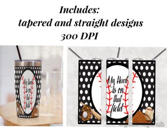 Könnte beinhalten: Baseball-Tassen-Designs mit dem Text "My Heart is on that field". Die Designs zeigen einen Baseball, einen Handschuh und Nahtdetails vor einem schwarz-weißen Polka-Dot-Hintergrund. Enthält konische und gerade Designs.
