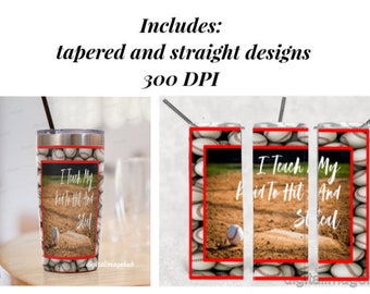 Könnte beinhalten: Ein Baseball-Tumbler und Designvorlagen. Der Tumbler zeigt ein Baseballfeld-Design mit dem Text "I Teach My Aid To Hit And Steal". Die Designvorlagen zeigen Basebälle und ein Feld.