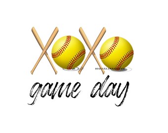 May include: A graphic with two yellow softballs and two crossed baseball bats. The word "XOX" is formed by the bats. The text "game day" is written in a cursive font below the softballs.