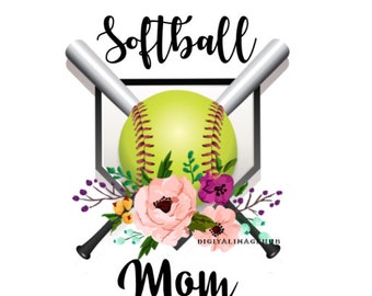 May include: A softball-themed design featuring a yellow softball with red stitching, crossed bats, and a home plate shape. The design includes the words "Softball Mom" in black script, with floral accents in pink, purple, and yellow.