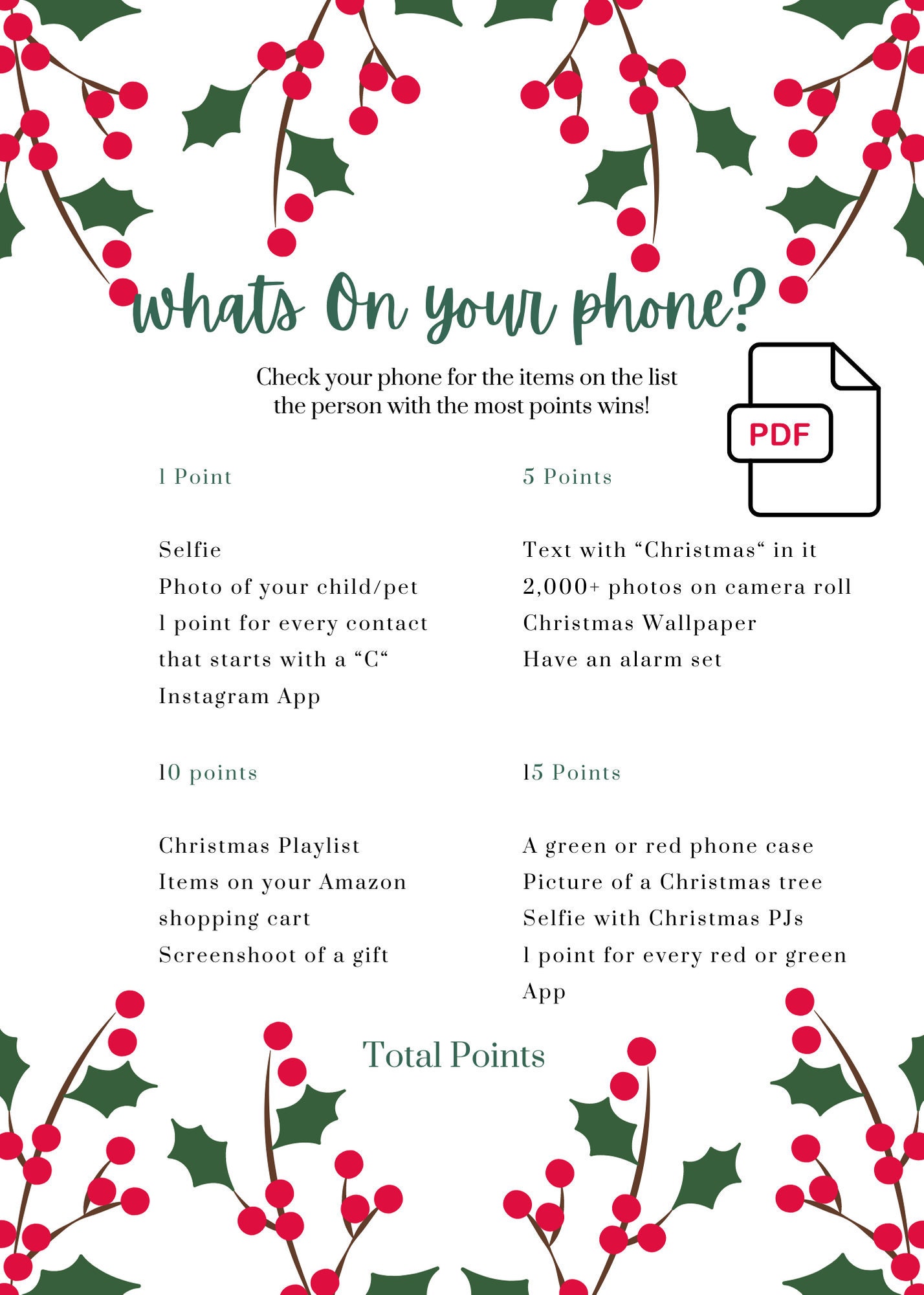 Whats on your phone Christmas Printable Game | Etsy