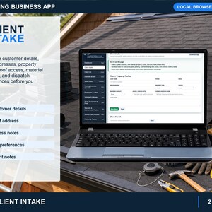 roofing client intake page for saving customer contact details, property information, access notes, and service needs.