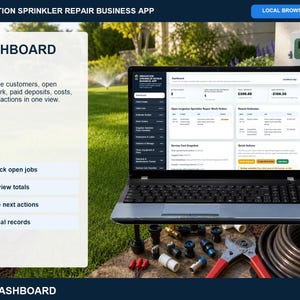 Irrigation sprinkler repair client intake page for saving customer contact details, property information, access notes, and service needs.
