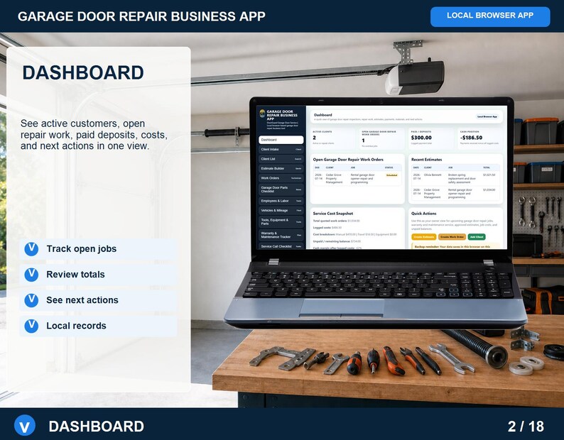 Garage door repair client intake page for saving customer contact details, property information, access notes, and service needs.