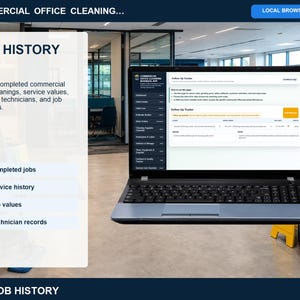 Commercial office cleaning job history page showing completed service records, customer details, service notes, dates, charges, payments, and job activity.
