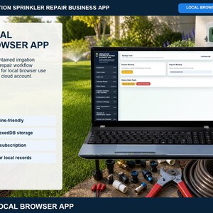 Irrigation sprinkler repair local browser app help page explaining offline storage, backup routines, navigation, record relationships, printing, and troubleshooting.