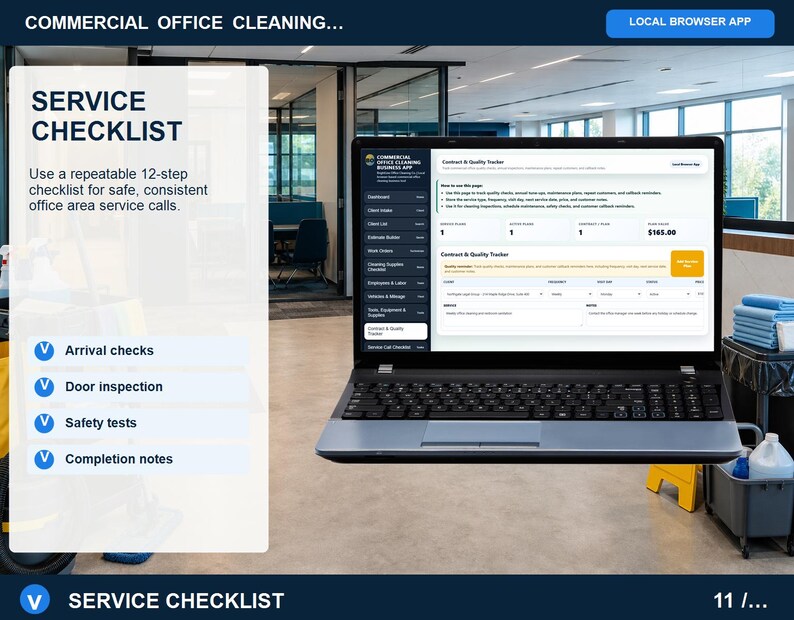 Commercial office cleaning service call checklist showing a 12-step workflow from arrival and diagnosis through service, testing, cleanup, and customer sign-off.