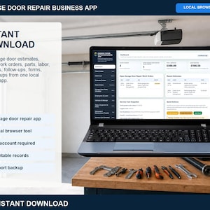 Garage door repair business app dashboard showing clients, open service work orders, payments, costs, balances, and quick actions on a laptop.
