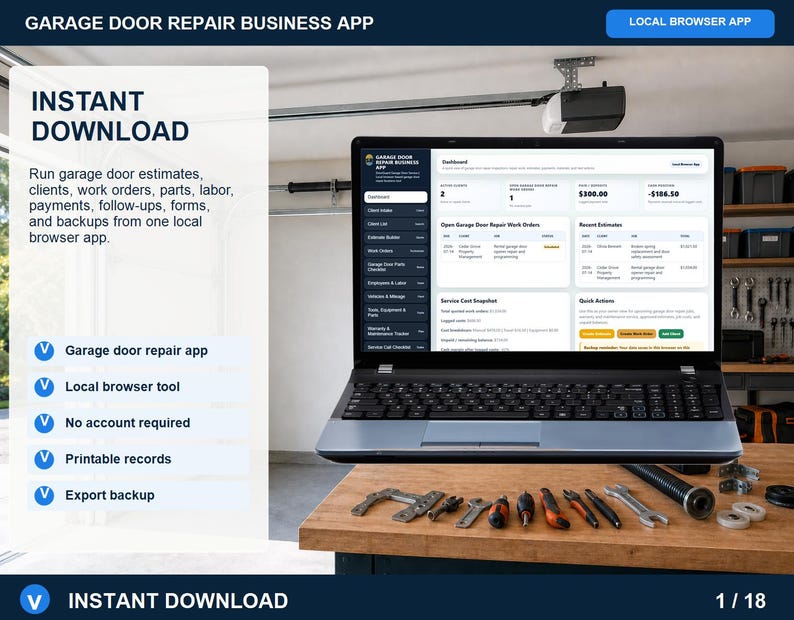 Garage door repair business app dashboard showing clients, open service work orders, payments, costs, balances, and quick actions on a laptop.
