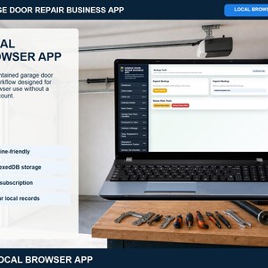 Garage door repair local browser app help page explaining offline storage, backup routines, navigation, record relationships, printing, and troubleshooting.