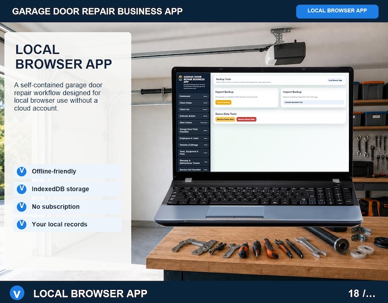 Garage door repair local browser app help page explaining offline storage, backup routines, navigation, record relationships, printing, and troubleshooting.