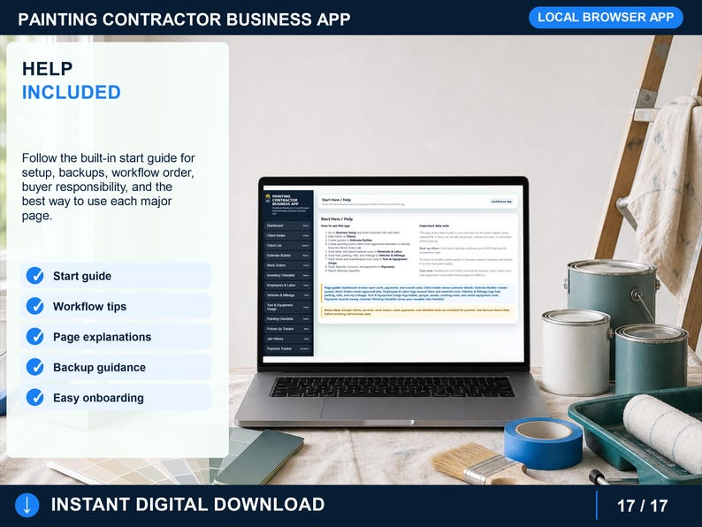 painting contractor backup tools page for exporting and importing local browser data, restoring demo data, removing demo data, and protecting records.