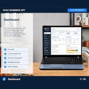 Può includere: Un computer portatile nero che mostra la dashboard di un'applicazione aziendale HVAC. L'interfaccia presenta sezioni per avvisi, ordini di lavoro, preventivi e costi. Il testo include HVAC Business App e Local Browser App.