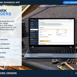 roofing work orders page showing scheduled service calls, technician assignment, job scope, needed parts, status tracking, and customer notes.