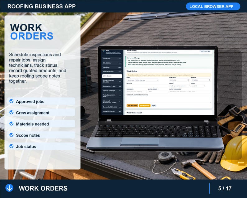 roofing work orders page showing scheduled service calls, technician assignment, job scope, needed parts, status tracking, and customer notes.