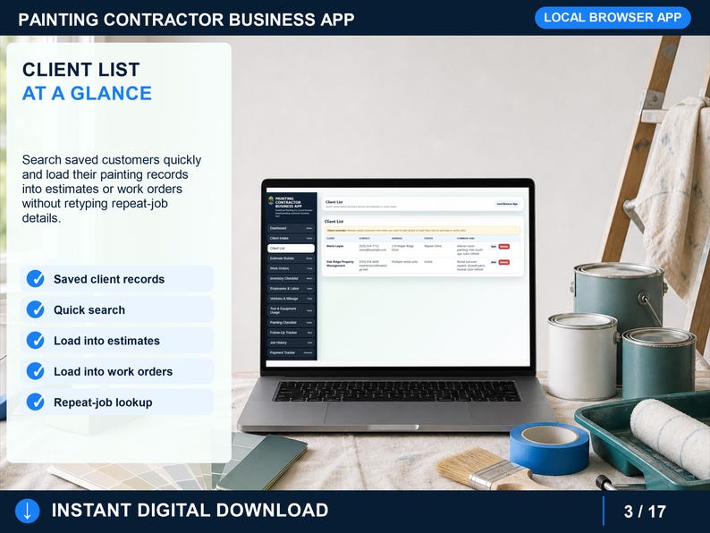 painting contractor client list page for searching saved customers, reopening records, reviewing job history, and loading clients into estimates.