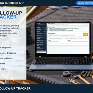 roofing service call checklist showing a 12-step workflow from arrival and diagnosis through service, testing, cleanup, and customer sign-off.