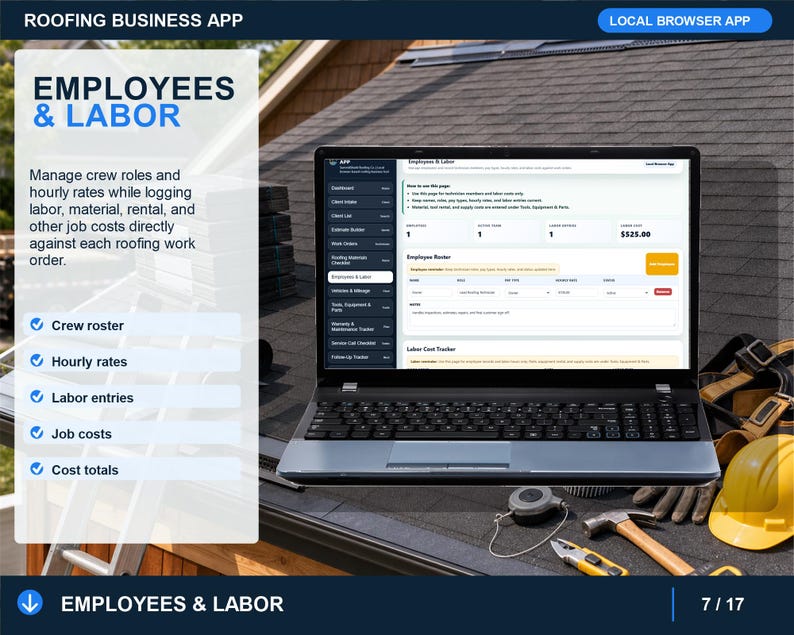 roofing employees and labor page for tracking technicians, roles, labor rates, availability, and team notes.
