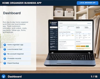Aplicación empresarial para la organización del hogar, captación de clientes, generador de presupuestos, lista de verificación, registro de organización, descarga digital.