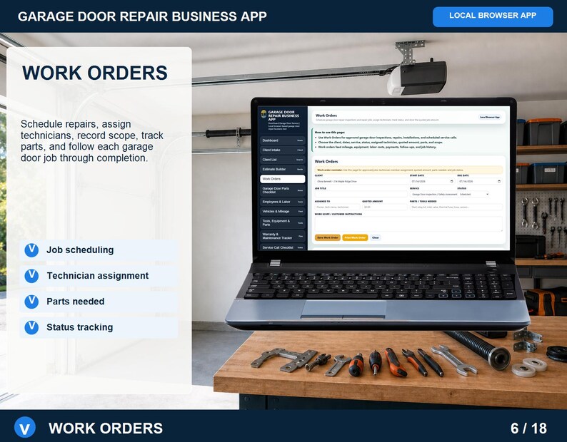Garage door repair parts inventory checklist showing categories, quantities on hand, reorder levels, unit costs, suppliers, and notes.