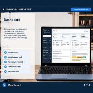 Op de afbeelding: Een zwarte laptop die het dashboard van een loodgietersbedrijfsapp op het scherm weergeeft. De interface toont secties voor actieve klanten, werkorders, facturen en een overzicht van de servicekosten.
