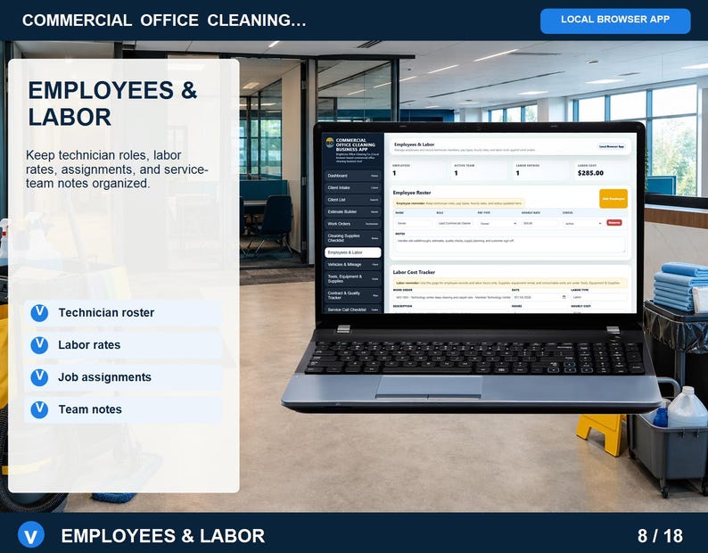 Commercial office cleaning vehicles and mileage page for recording service vehicles, mileage logs, trip purposes, fuel, parking, tolls, and travel costs.