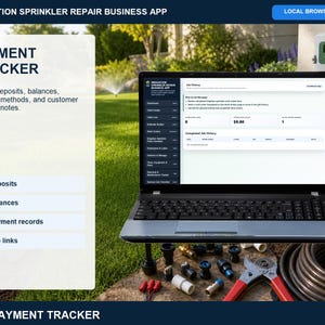 Irrigation sprinkler repair payment tracker for recording customer payments, deposits, invoices, balances, payment dates, methods, and notes.