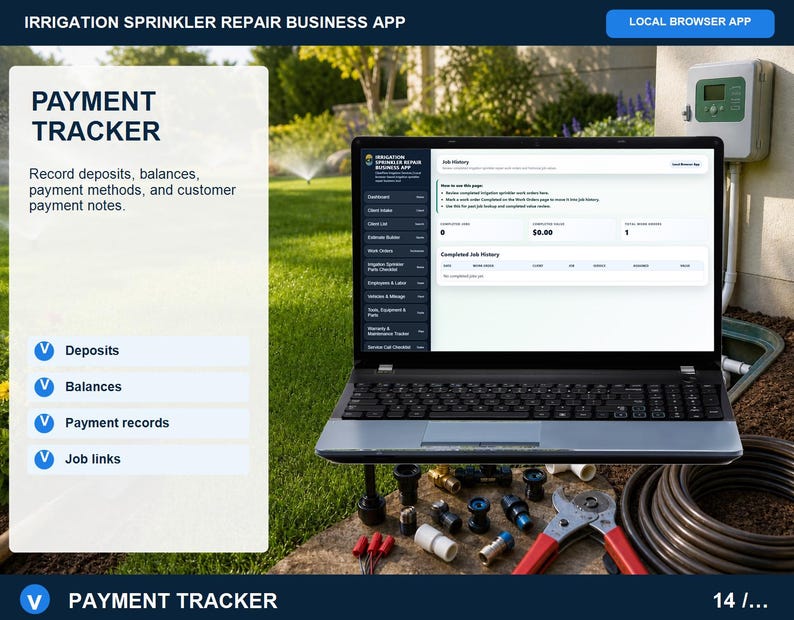 Irrigation sprinkler repair payment tracker for recording customer payments, deposits, invoices, balances, payment dates, methods, and notes.