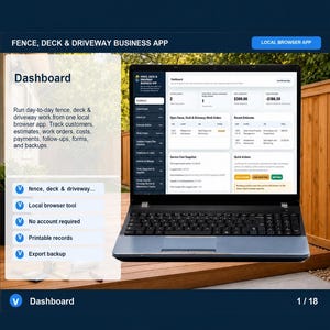 Könnte beinhalten: Ein Laptop mit einem Geschäftsverwaltungs-Dashboard für Zaun-, Terrassen- und Einfahrtsprojekte. Der Bildschirm zeigt Bereiche für aktive Kunden, Arbeitsaufträge, Kostenvoranschläge und eine Übersicht der Servicekosten an.