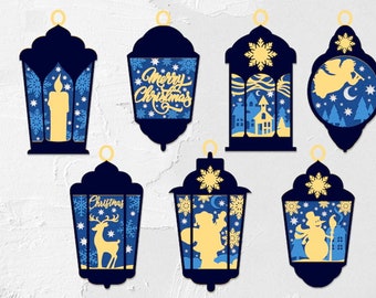 Layered Christmas Ornaments with Yellow and Blue Accents in a Charcoal Blue Lamp