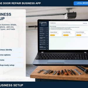 Garage door repair business setup page for editing company details, service options, add-ons, parts categories, checklist settings, and defaults.