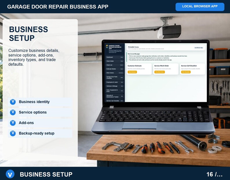 Garage door repair business setup page for editing company details, service options, add-ons, parts categories, checklist settings, and defaults.