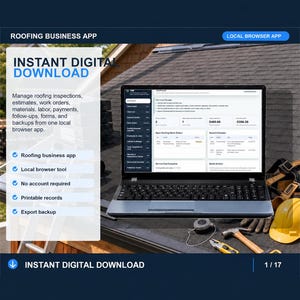 Puede incluir: Un portátil negro que muestra el panel de control de una aplicación para empresas de techado, con texto sobre descargas digitales instantáneas, inspecciones, presupuestos, órdenes de trabajo y herramientas de navegador local.