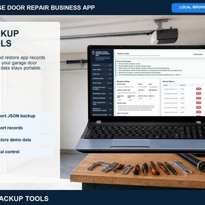 Garage door repair backup tools page for exporting and importing local browser data, restoring demo data, removing demo data, and protecting records.