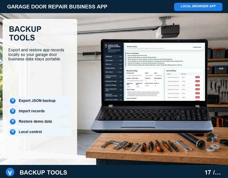Garage door repair backup tools page for exporting and importing local browser data, restoring demo data, removing demo data, and protecting records.