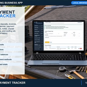 roofing job history page showing completed service records, customer details, service notes, dates, charges, payments, and job activity.