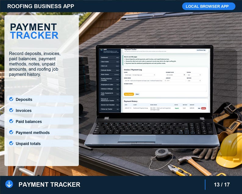 roofing job history page showing completed service records, customer details, service notes, dates, charges, payments, and job activity.