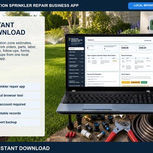 Irrigation sprinkler repair business app dashboard showing clients, open service work orders, payments, costs, balances, and quick actions on a laptop.