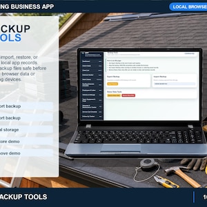 roofing business setup page for editing company details, service options, add-ons, parts categories, checklist settings, and defaults.