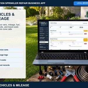 Irrigation sprinkler repair tools and equipment page for tracking equipment, maintenance details, usage, costs, and service notes.